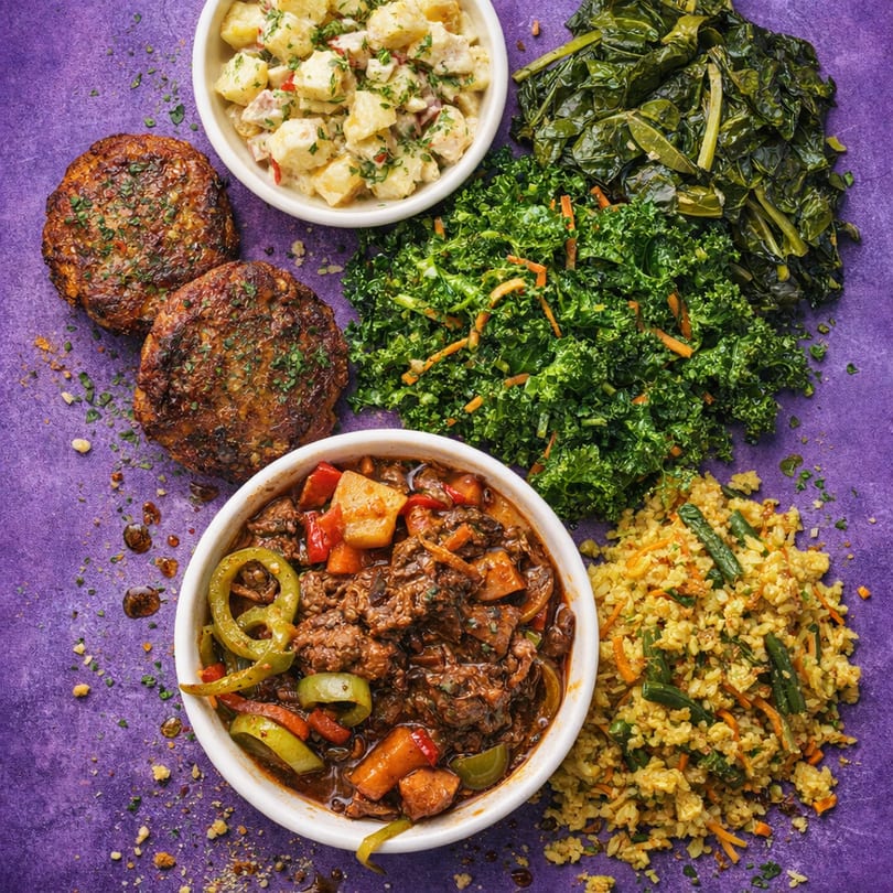 Close up of vegan soul food dishes