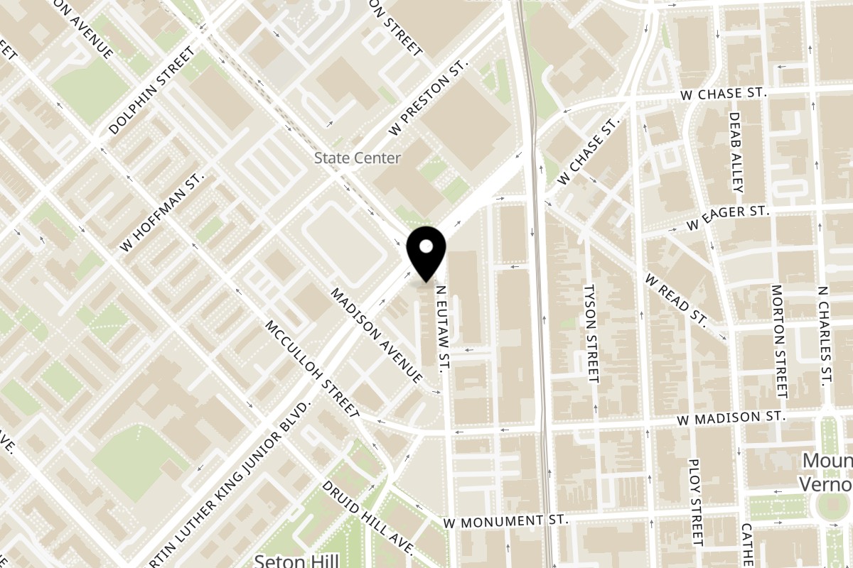 Map showing the location of The Land of Kush on 840 N Eutaw St in Baltimore